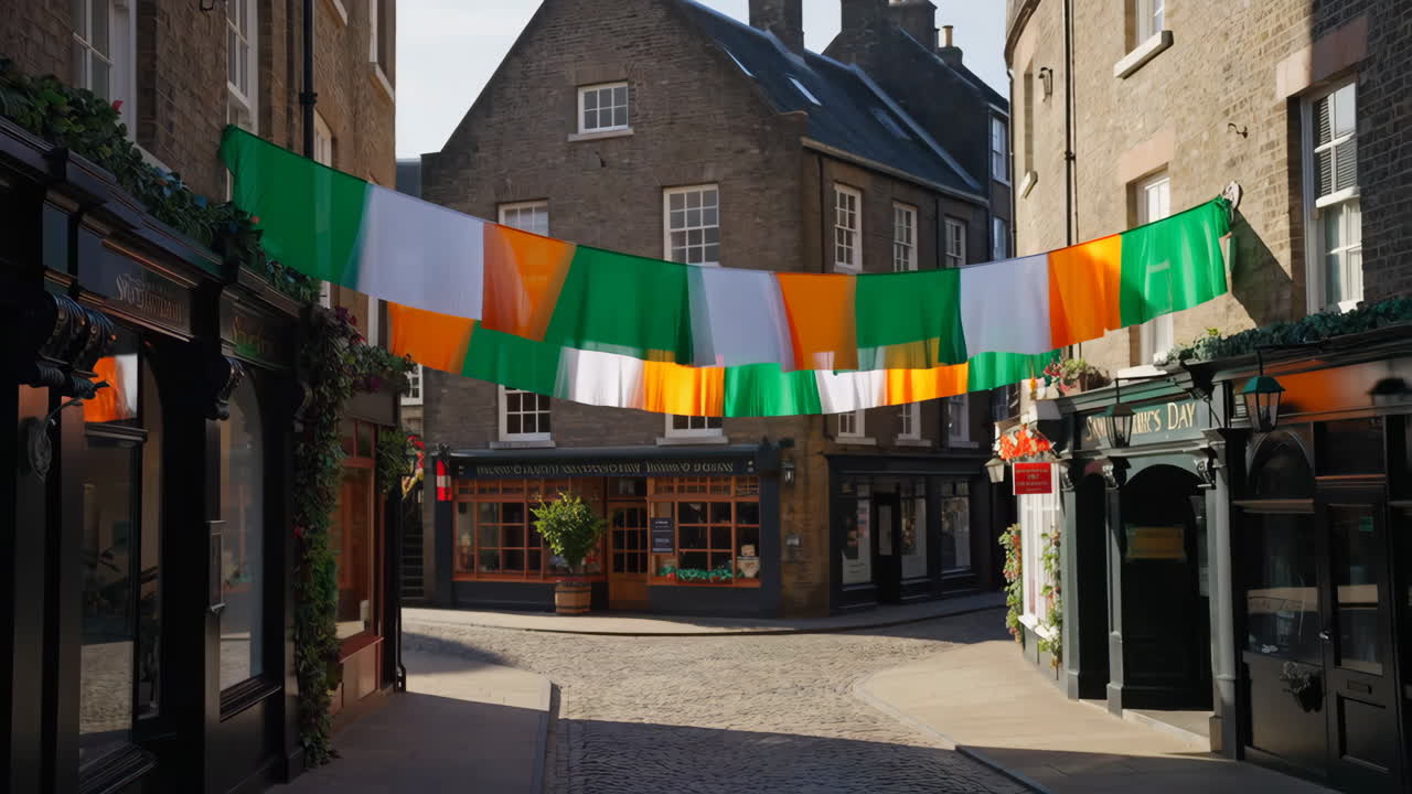 Irish Flags Decorate a Historic Cobblestone Street