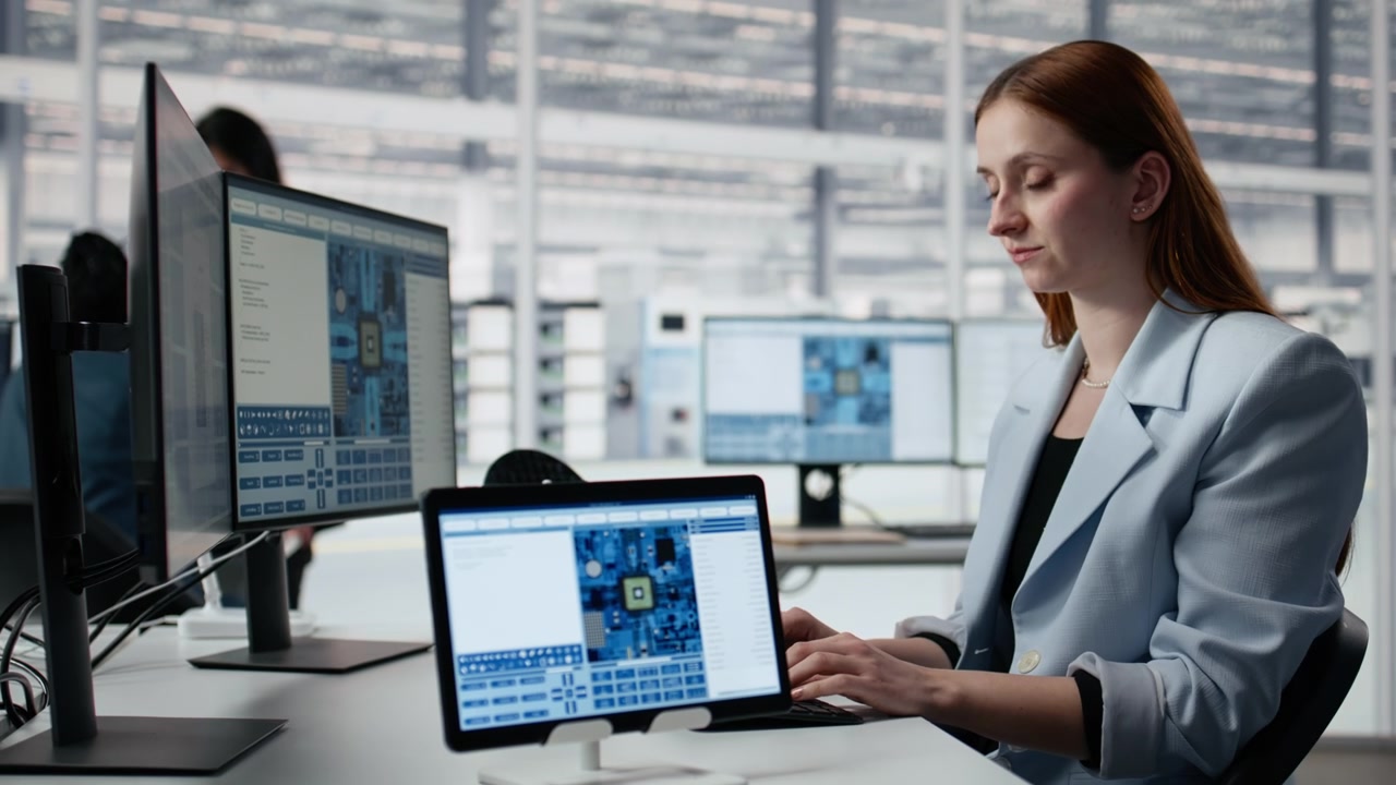 Young Woman Engineer Working on Laptop with Circuit Board Designs