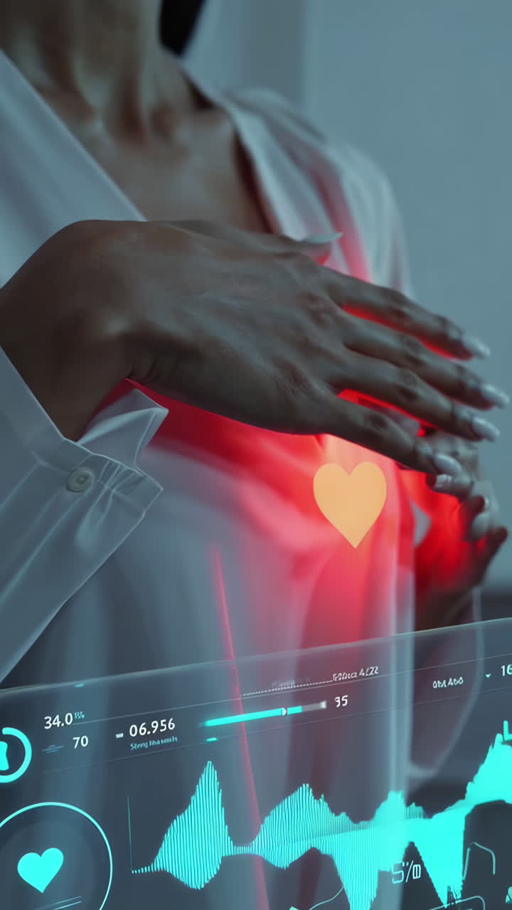 Woman with glowing heart graphic overlay on chest