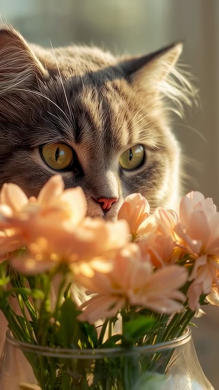 Video verticale: gatto soriano con bouquet che annusa sul davanzale della finestra accanto a un vaso di fiori color pesca chiaro