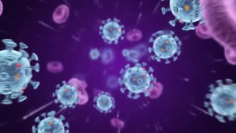 a mesmerizing close-up view of viral particles interacting with red blood cells, highlighting microscopic life within human circulation and immune responses