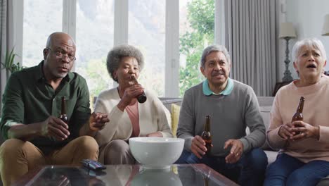 Happy-mixed-race-senior-couple-and-african-american-friends-drinking-beer-and-having-fun