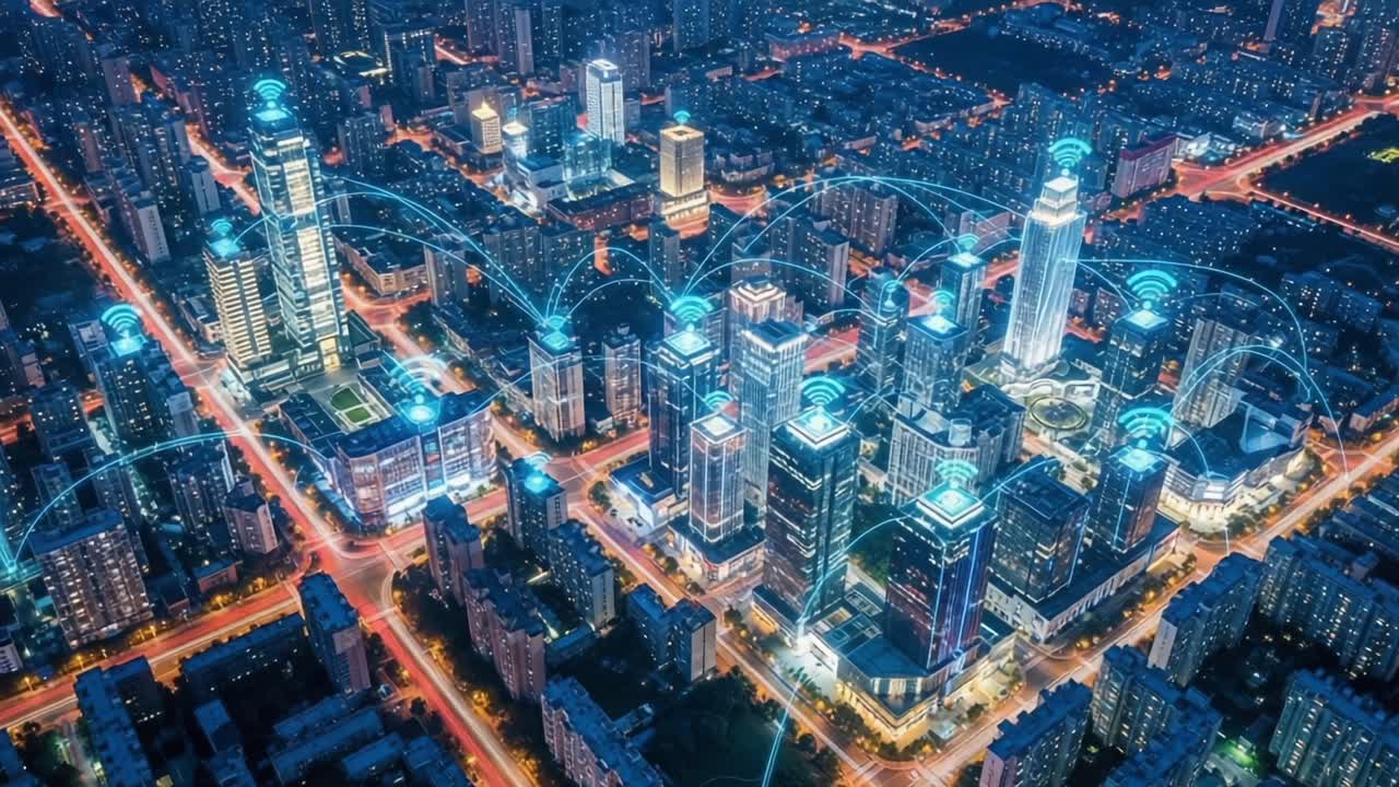 Vista aerea di una città futuristica con edifici smart connessi e luci notturne vivaci che mostrano una tecnologia wireless avanzata e l'innovazione urbana