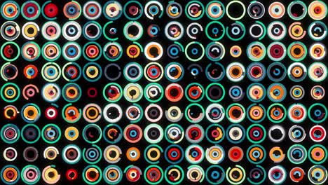 abstract futuristic background with moving small circles placed in many horizontal parallel rows. animation. many moving rings on black background, seamless loop