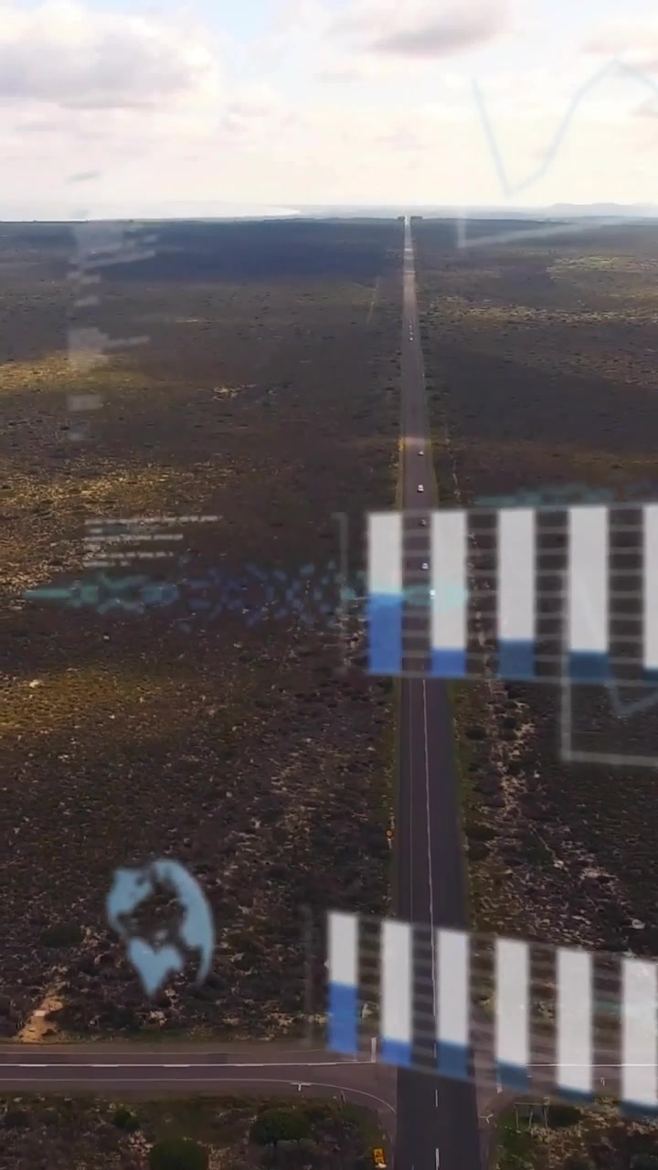 Vertical video: Cam tilting down causing HUD overlays sliding, rotating over highway showing route