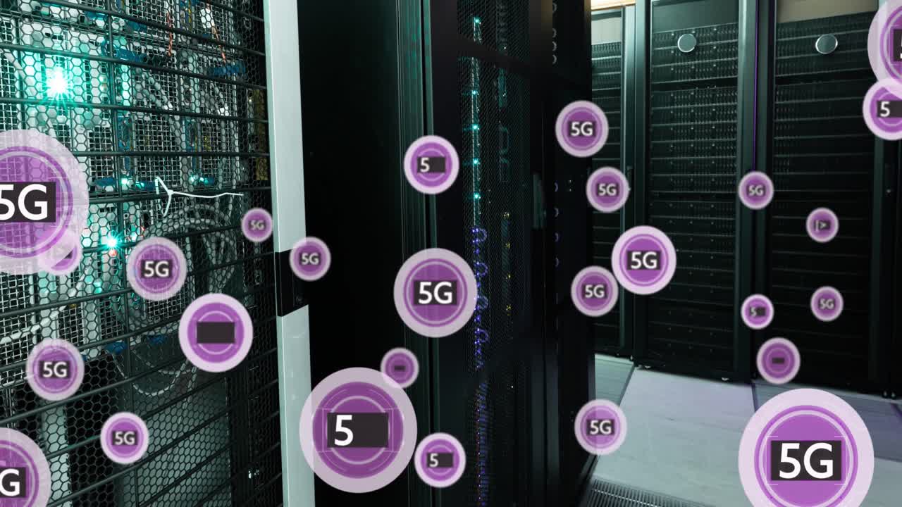 animación de círculos con texto de 5g y caracteres especiales sobre bastidores de servidores de datos