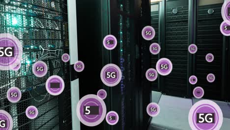 Animation-of-circles-with-5g-and-special-characters-text-over-data-server-racks