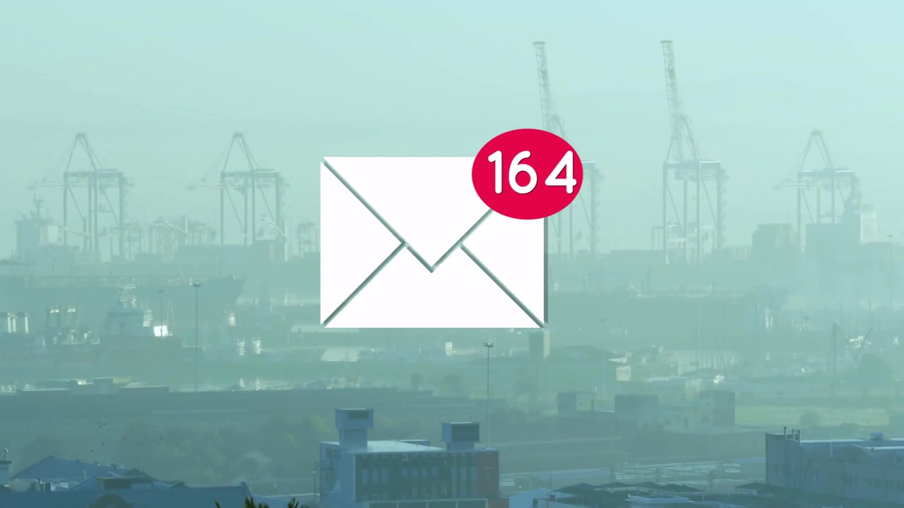 Notifica email con 88 messaggi mostrata su un'animazione di un paesaggio urbano industriale.