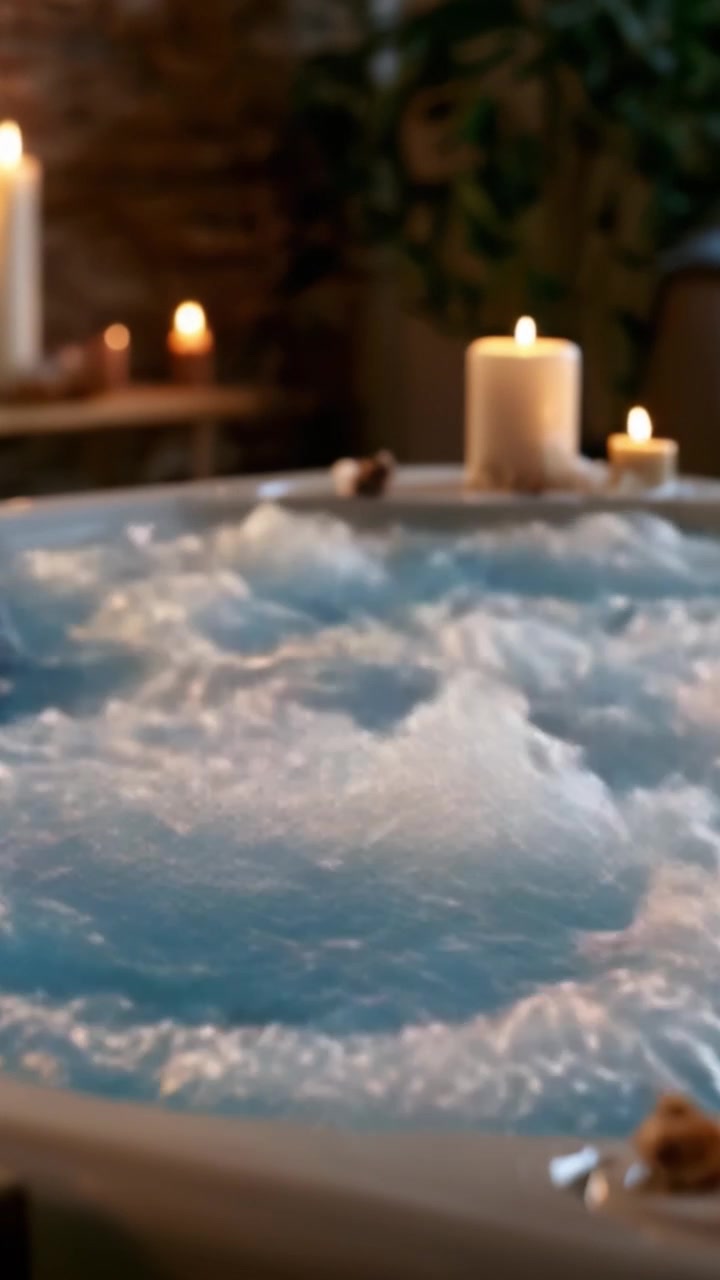 Esperienza spa rilassante: una serena scena di vasca idromassaggio con acqua gorgogliante e luce soffusa di candele per il massimo relax e ringiovanimento