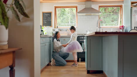 Ballet,-girl-and-talking-to-mom-in-a-kitchen