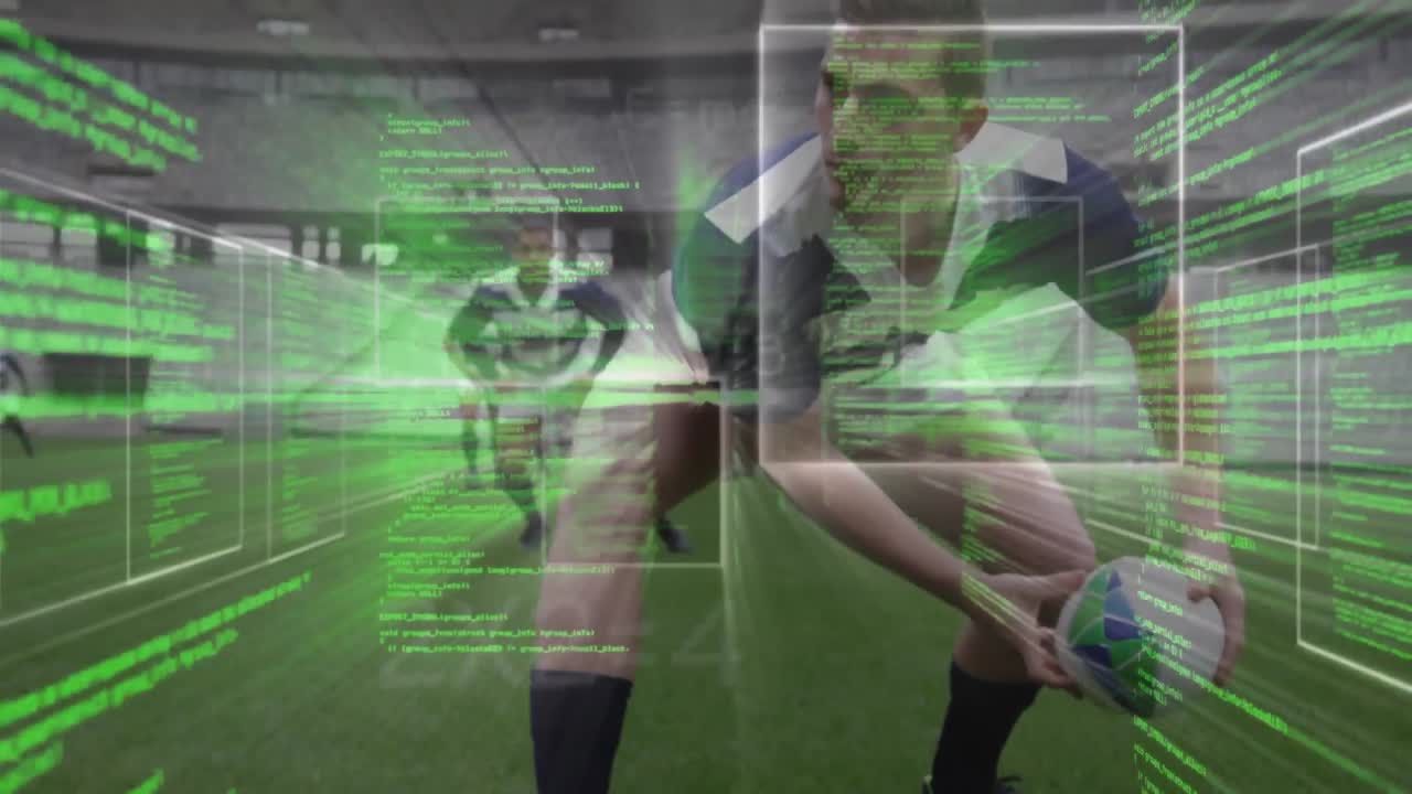 스타디움에서 럭비 선수들에 대한 데이터 처리 애니메이션