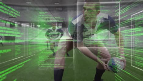 animación del procesamiento de datos sobre jugadores de rugby en el estadio