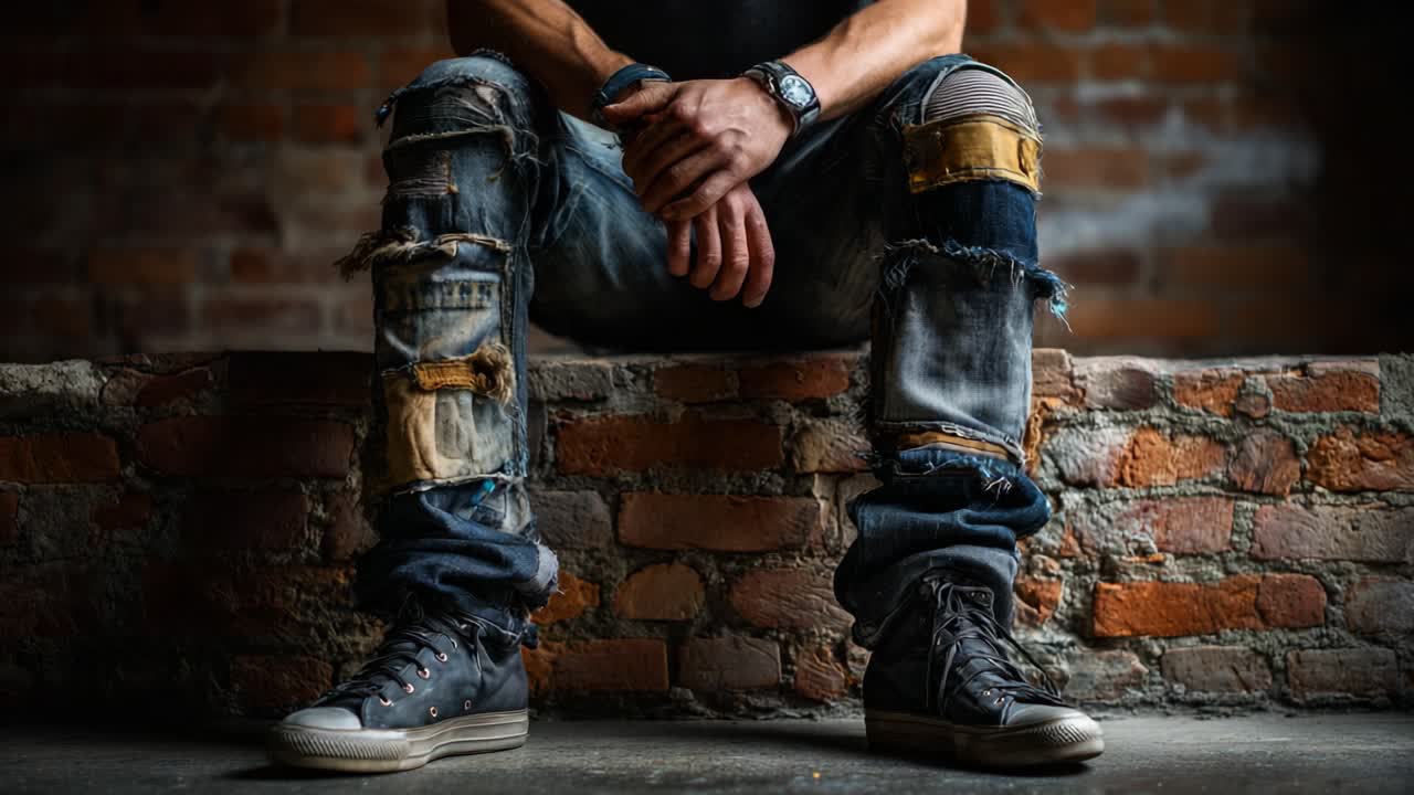 A close-up view of a person's legs showcasing stylishly distressed denim jeans with patches and frays, paired with fashionable sneakers against a rustic brick wall backdrop
