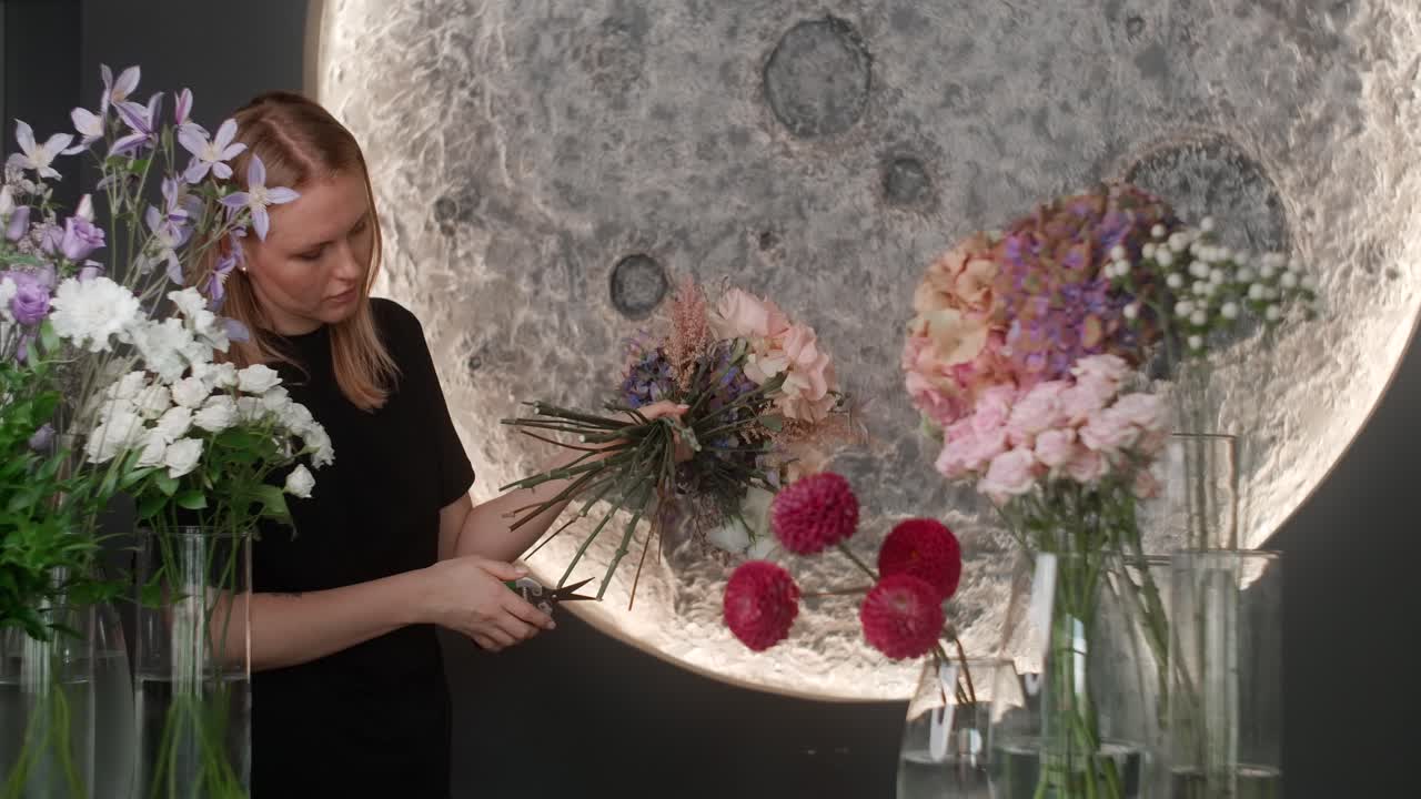 Woman Arranging a Beautiful Bouquet of Flowers