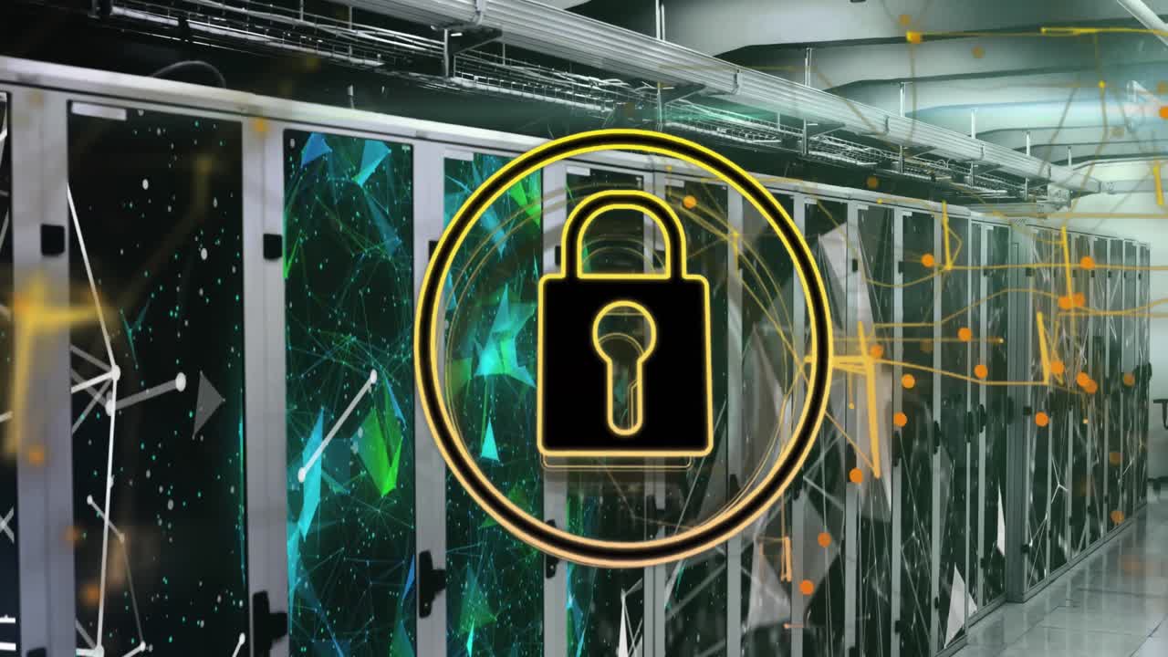 animación de un candado en círculos sobre puntos conectados y un globo en bastidores de servidores de datos