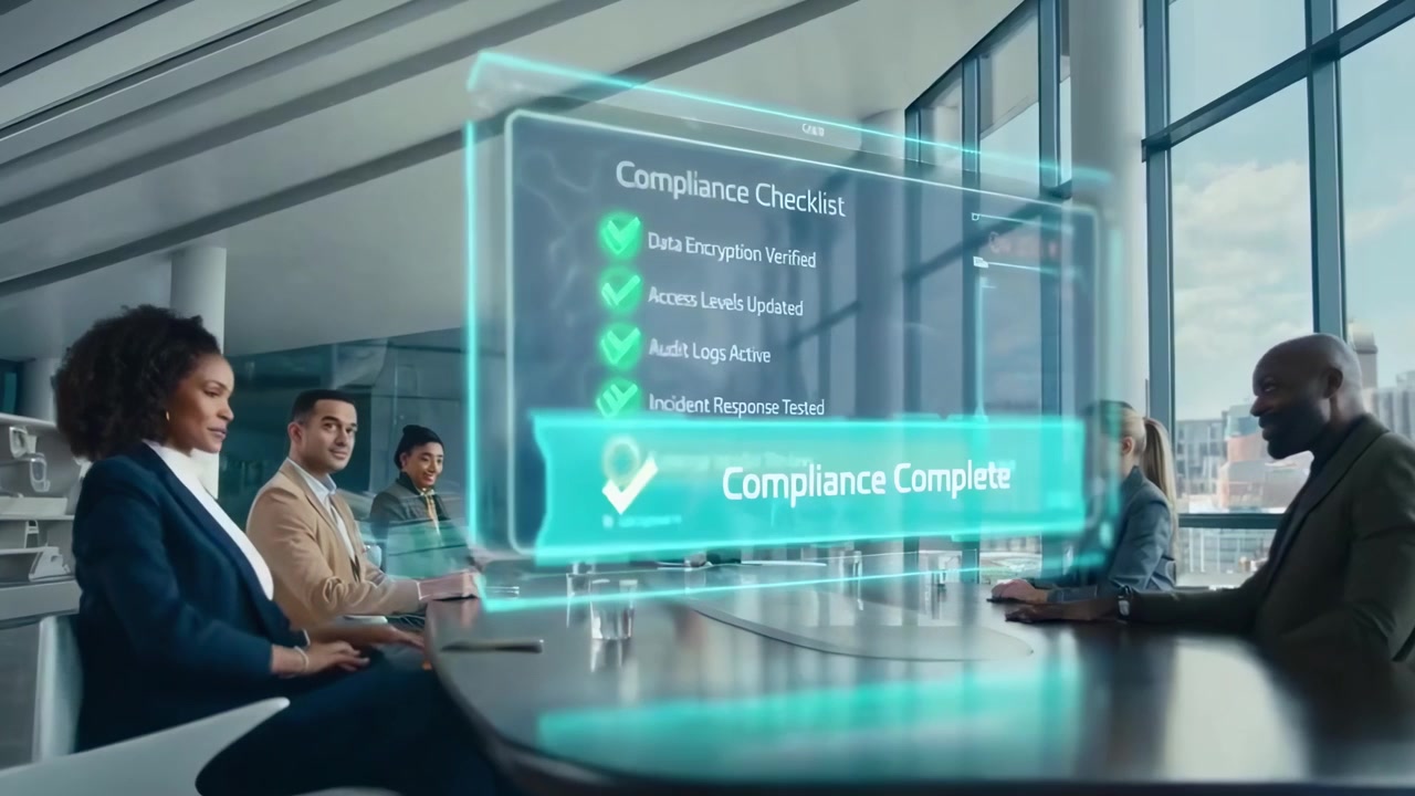 Business Team Using Holographic Interface in Modern Office Meeting