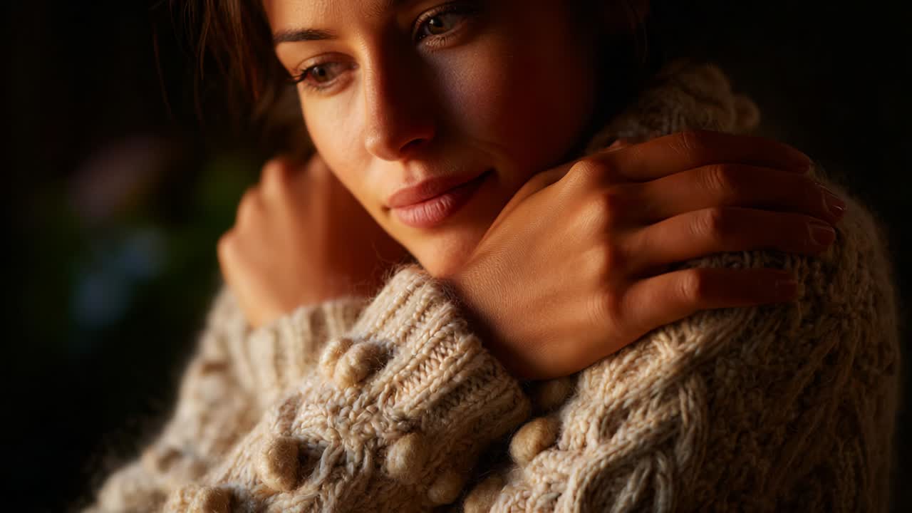 A Moment of Reflection: Capturing Inner Calm and Serenity as the Subject Envelops Themselves in Warmth and Comfort, Showcasing Gentle Emotions and Thoughtful Pondering in a Cozy Atmosphere