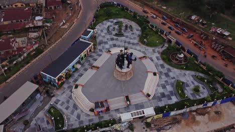 high angle view of dr omololu olunloyo park with impressive statues made of scrap metal near the airport of ibadan, nigeria in africa.