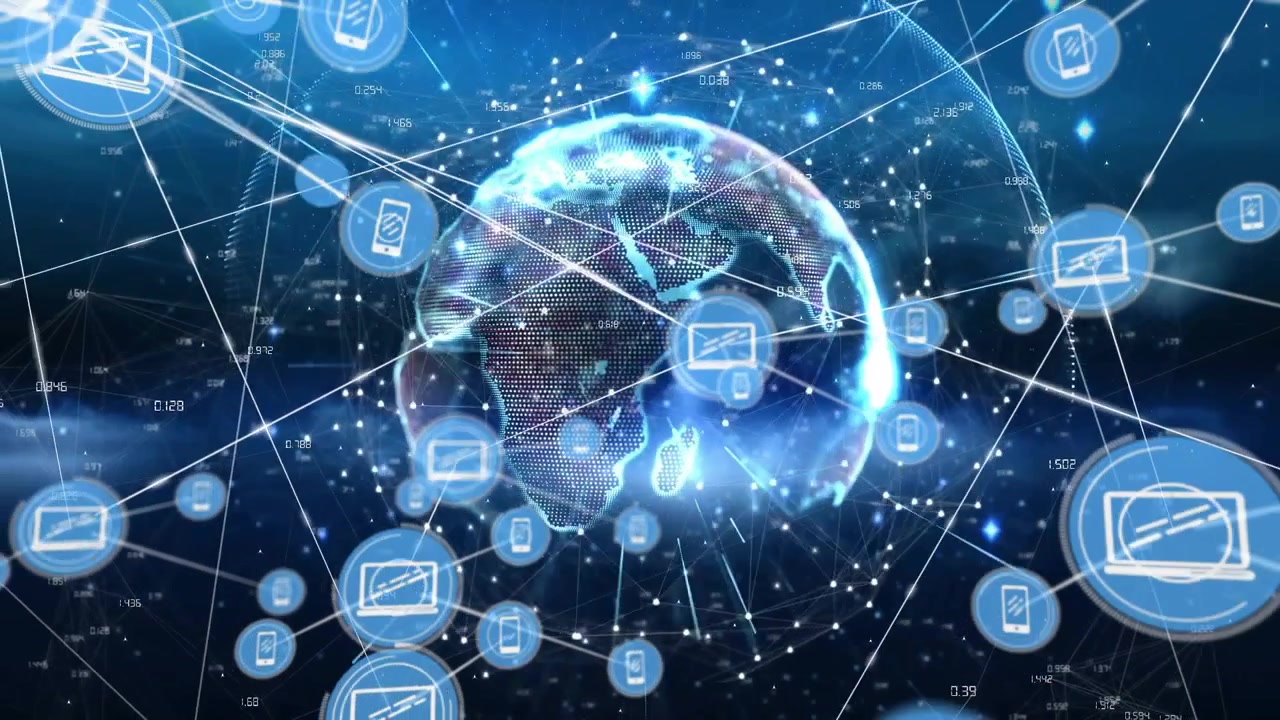 3D Earth emerging triggers device icons appearing, rotating and connecting, showing global network