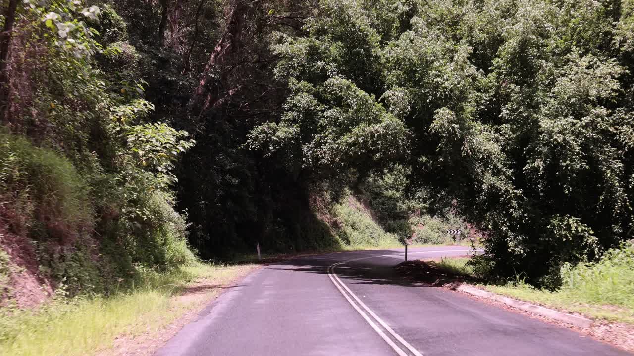 초록색으로 둘러싸인 휘어지는 길을 따라 여행하는 것