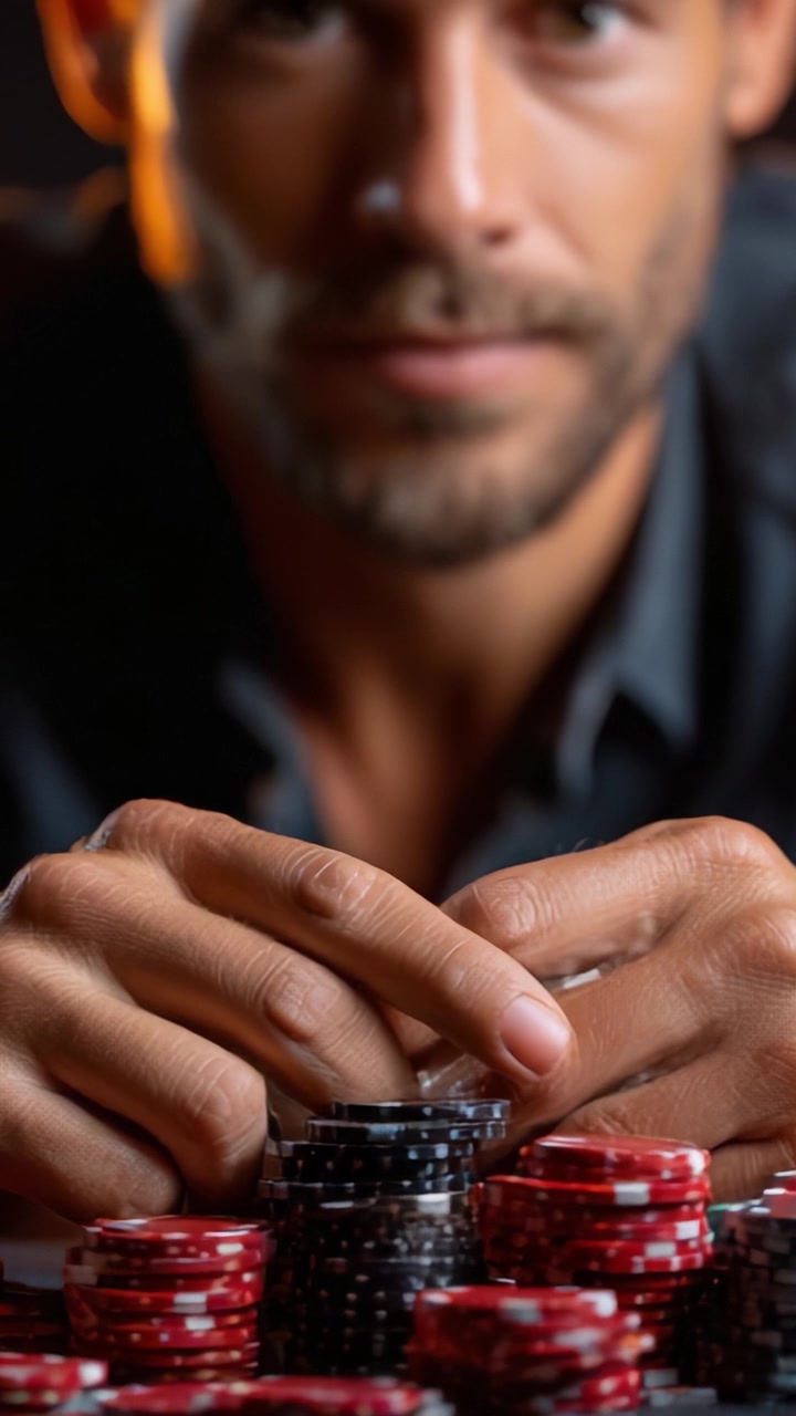 Momento di poker intenso: un giocatore si concentra sulle sue fiches, con gli occhi puntati sul gioco, mentre la tensione cresce al tavolo in questo ambiente di gioco d'azzardo ad alto rischio.