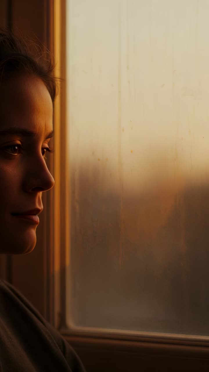 Vertical video: Sitting lady in sweater watching light at fogged window, closing by sun, copy space