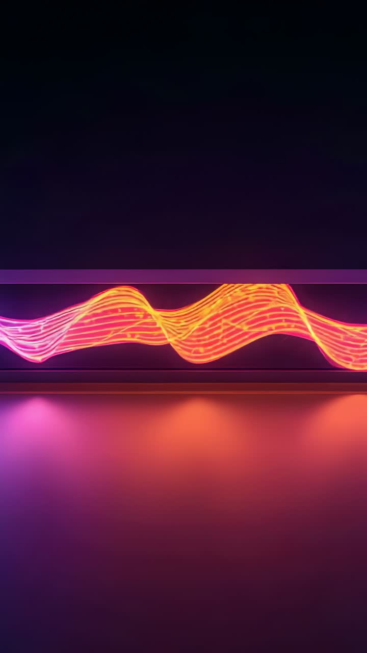 Vertical video: Looping neon waveform waving colors on dark studio wall with 3 lights for ambiance