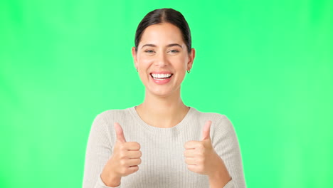 happy woman, hands and thumbs up on green screen