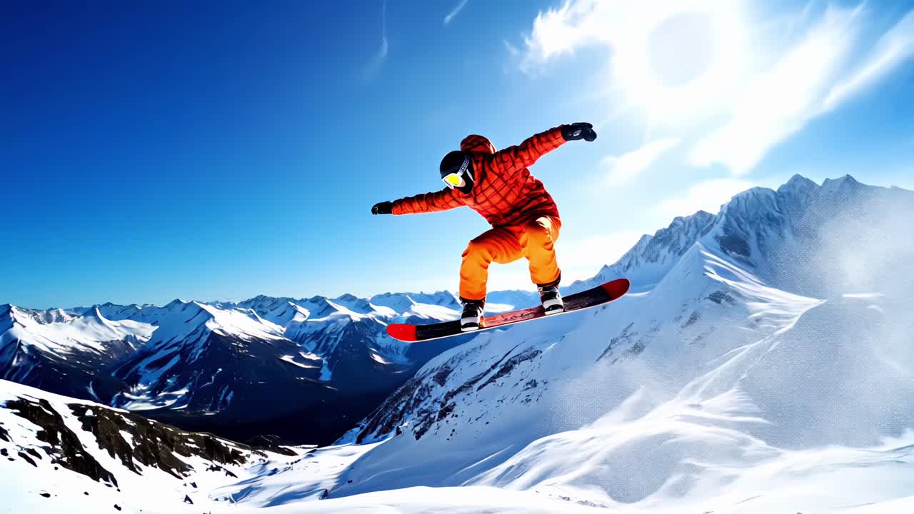 Dynamic video concept of a snowboarder in mid-air against snowy mountains