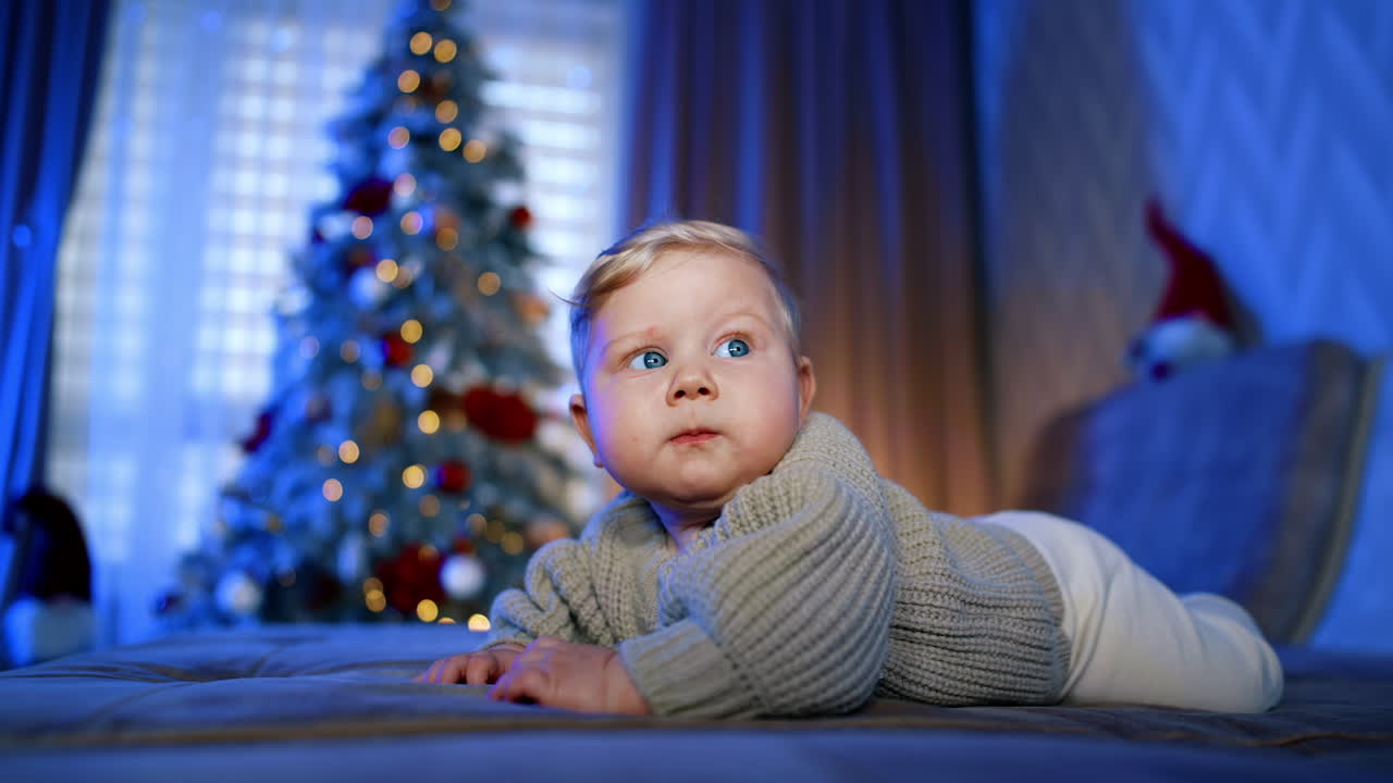 Adorable plump baby boy with blond hair and blue eyes lies on the sofa. Little infant is learning to crawl. Christmas tree at backdrop in blur.