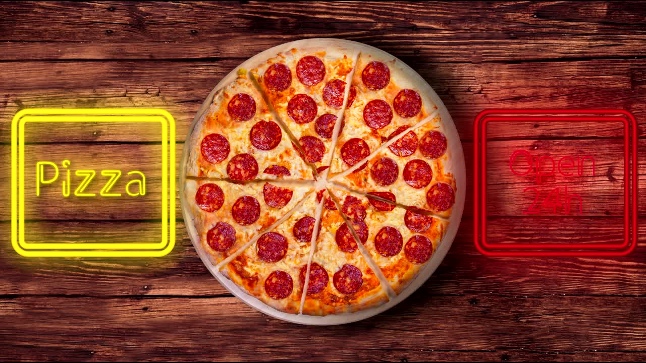 페페로니 피자 배경의 영상, 빛나는 네온 글자로 된 피자 가게 표지판의 이미지.