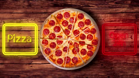 un video del fondo de la pizza pepperoni. imágenes. una imagen de un letrero de una pizzería con letras de neón luminosas.