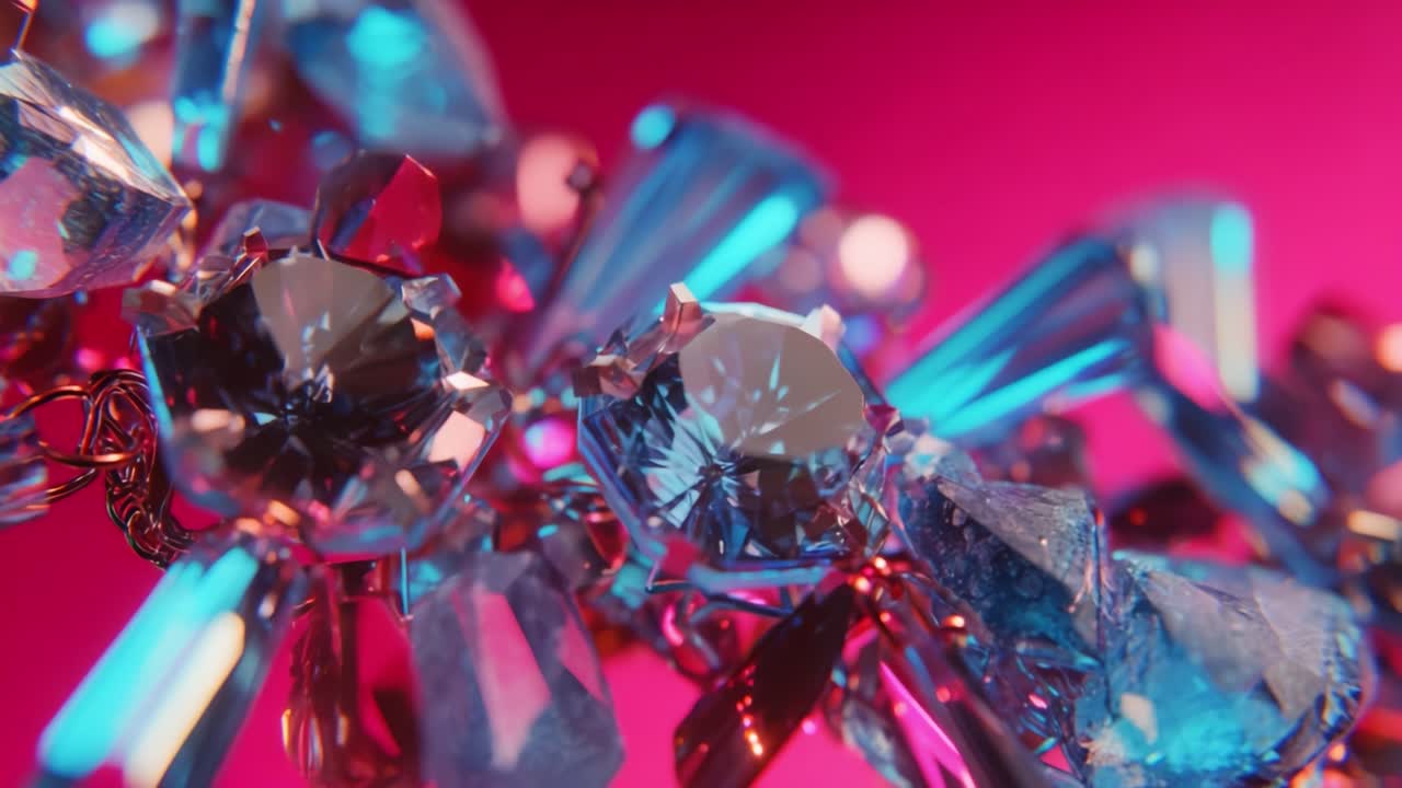 A Close-Up Look at Stunning Jewel Craftsmanship: Intricate Crystals and Gemstones Sparkling Vividly Against a Bright Pink Background, Showcasing Their Dazzling Beauty in Detail