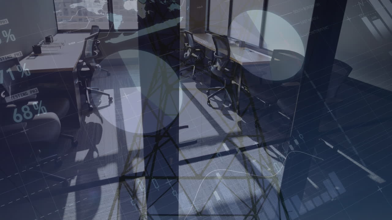 네트워크 타워에 대항하여 빈 사무실에서 통계 데이터 처리의 애니메이션
