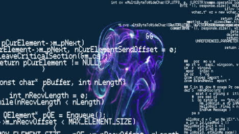 Animation of shapes with light trails over data processing on black background