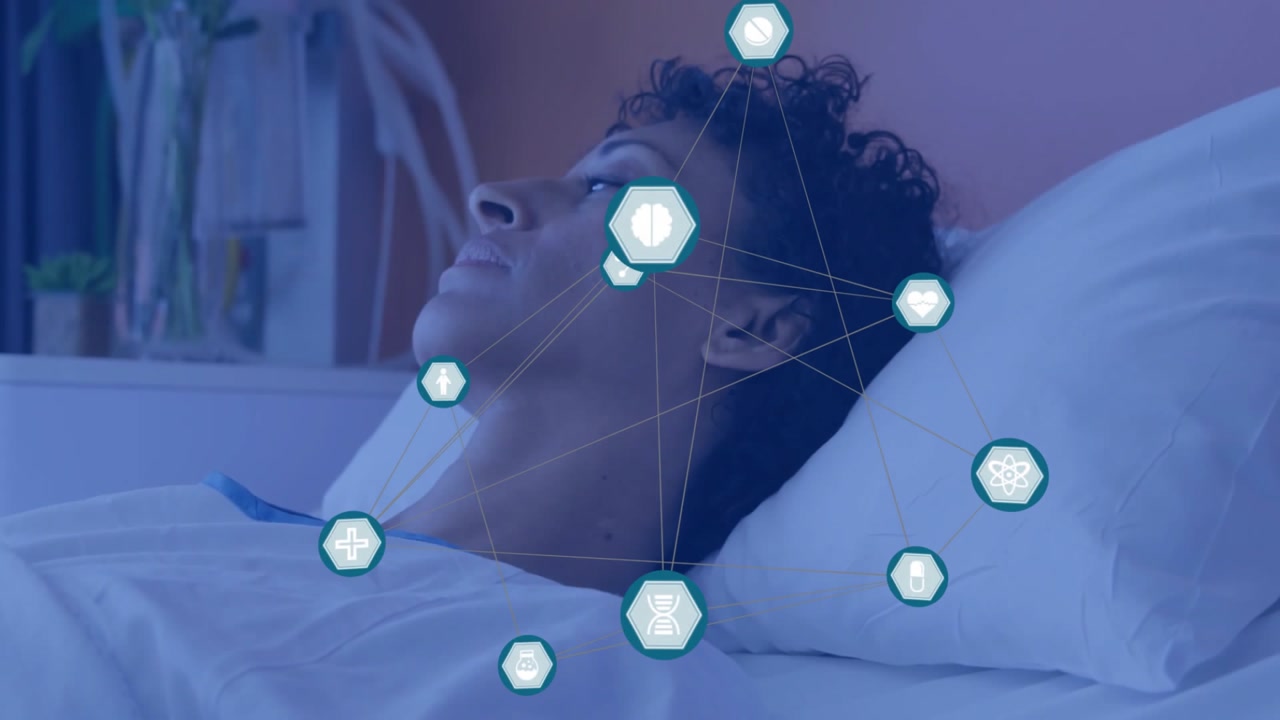 Camera panning revealing medical icons hovering around woman lying in bed, tracking health vitals