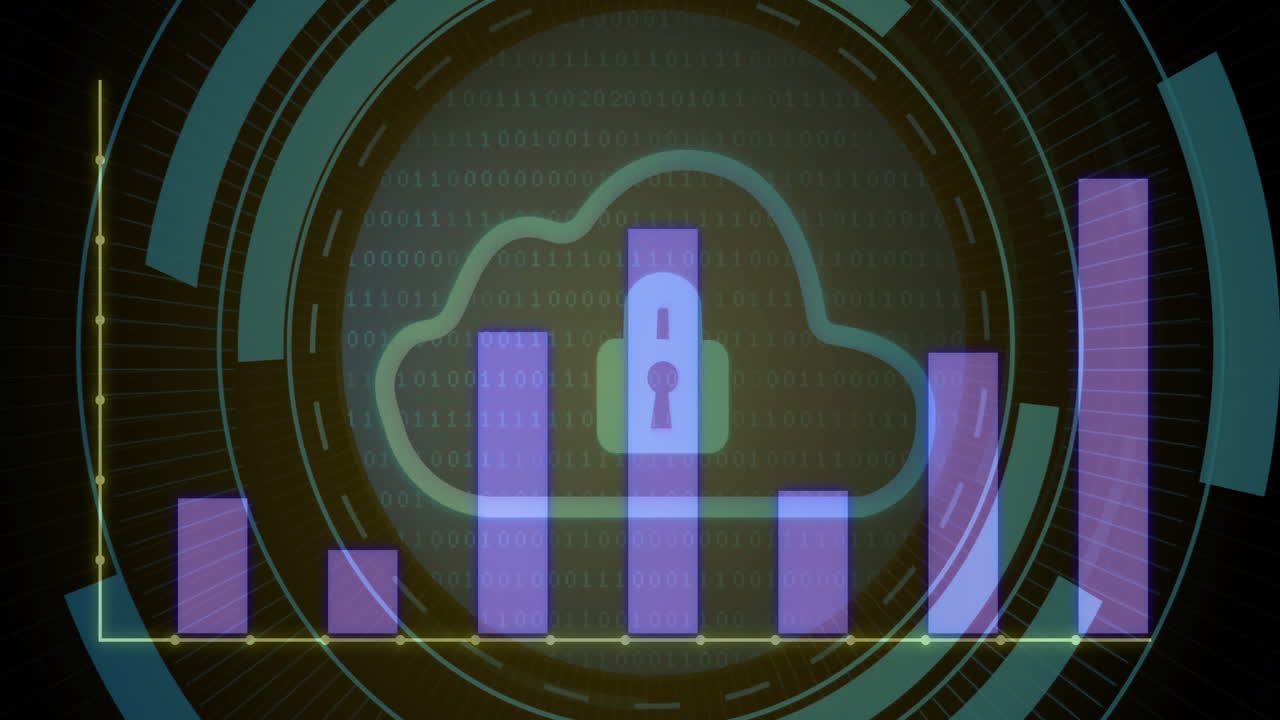 Animation of digital data processing over cloud and padlock icon on black background