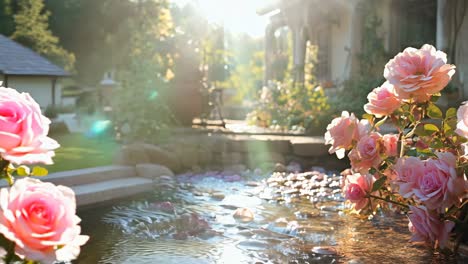 beautiful pink roses beside a serene garden stream in the afternoon light