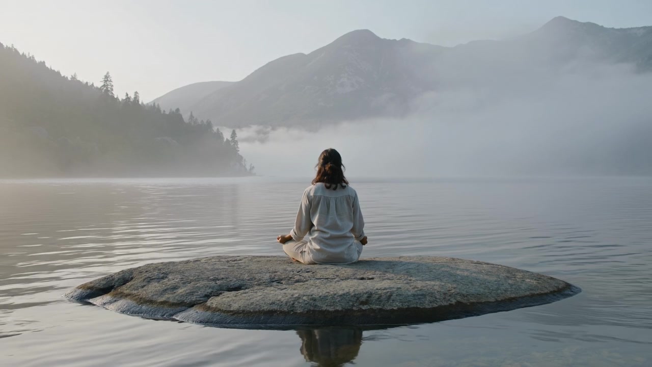 Person sidder i meditation på en lille klippeø i en rolig, tåget bjergsø