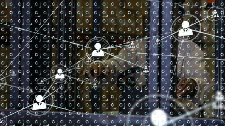 Animation of network of connections over rows of moving pattern and man working in warehouse