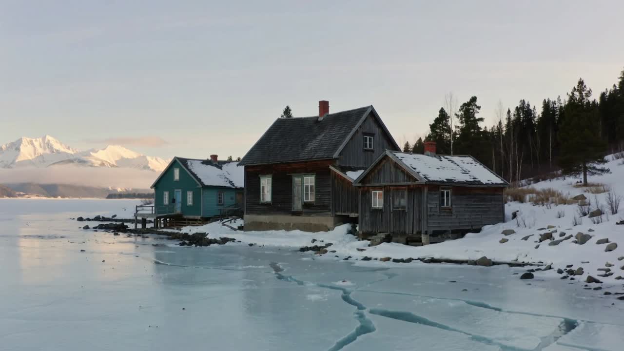 Cámara acercándose para llamar la atención sobre un grupo de tres cabañas de madera en la costa y una grieta en el hielo