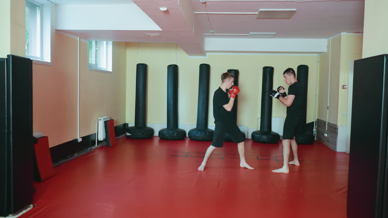 빨간색 매트 위 무술 체육관 안에서 선수들이 스파링하고 있어요. 집중 훈련 세션 동안 키가 큰 펀칭백으로 둘러싸여 글러브를 끼고 전투 자세로 방어 및 공격 동작을 연습하고 있어요.