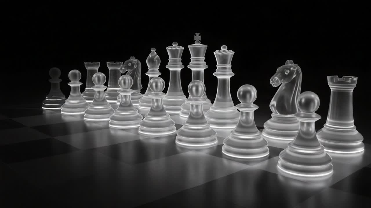 Et imponerende display af et elegant skakspil i glas: En kunstnerisk fremvisning af strategi, design og lys fanget i to frames