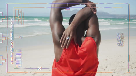 stretching on beach, man in red tank top with good vibes animation