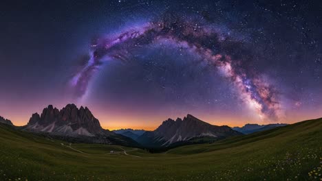 vibrant milky way galaxy arching over majestic mountains at night