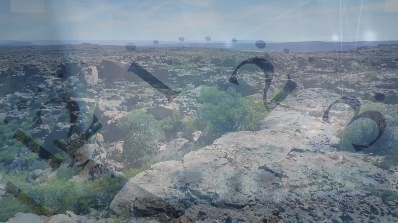 animación de la red de conexiones y reloj sobre el paisaje