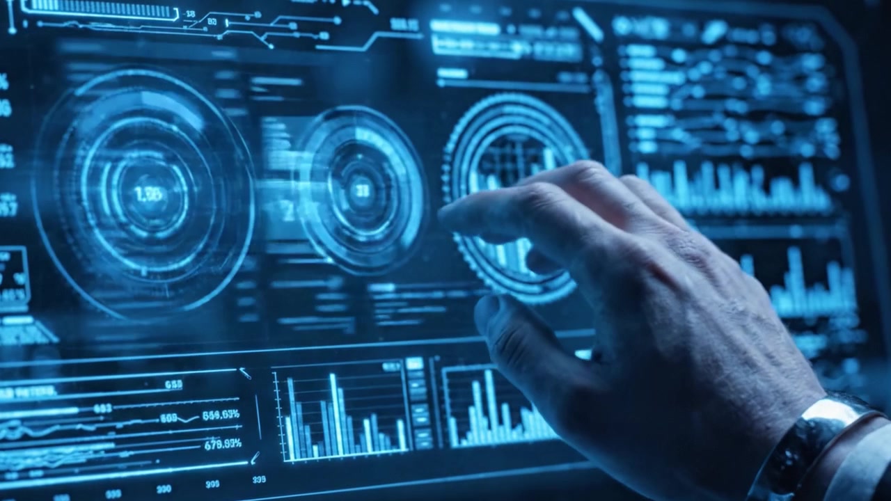 A User Interacts with a High-Tech Interface Displaying Detailed Analytics and Graphical Data Visualization, Emphasizing Modern Technology and User Engagement