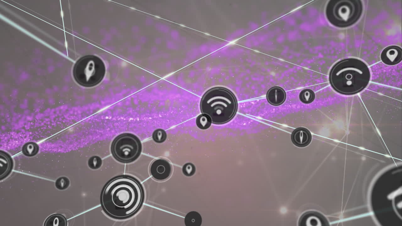animación de iconos y puntos conectados sobre partículas que forman ondas contra un fondo abstracto.