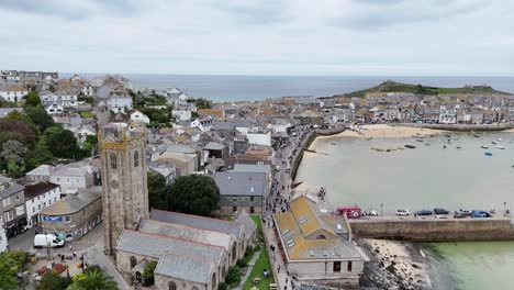 st ia's parish church st ives cornwall on calm summers day drone,aerial