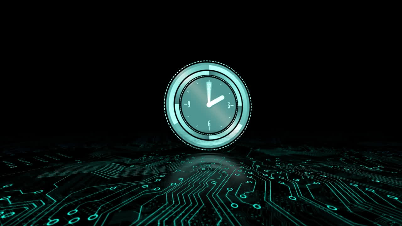 Animation of clock with moving hands over computer circuitboard on black background